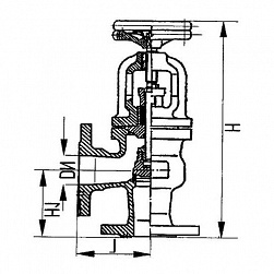 Фланцевый угловой сальниковый судовой запорный клапан с ручным управлением
